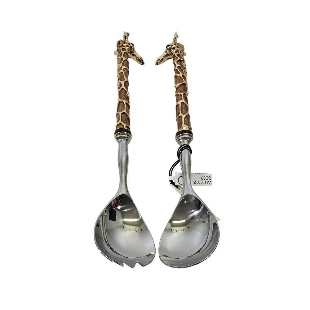 St John‎ Home Giraffe Salad Servers Gold Tone Metal Stainless Steel Serving Set